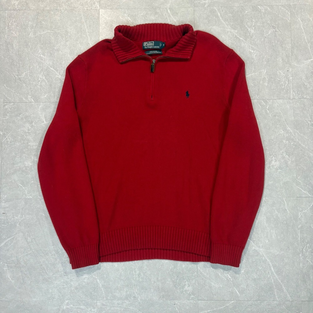 Polo Ralph Lauren Red 100% Cotton Quarter Zip Sweater Mens XL Navy Pony Logo